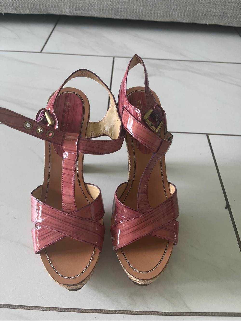 Boutique 9 Patent Leather Cross-Strap Wedge Sandals in Rose Pink